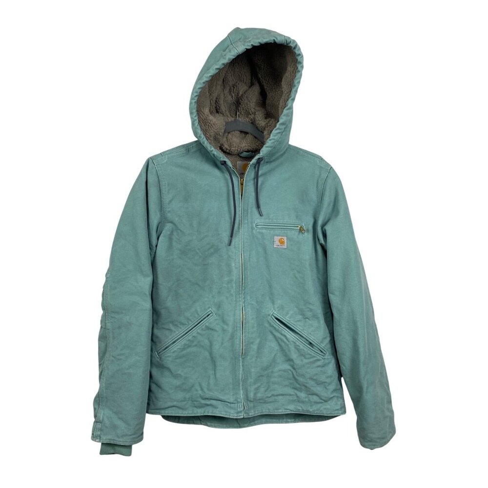 Vintage Carhartt Sherpa Lined Duck Jacket Full Zip Hooded Lt Green Womens SZ XS